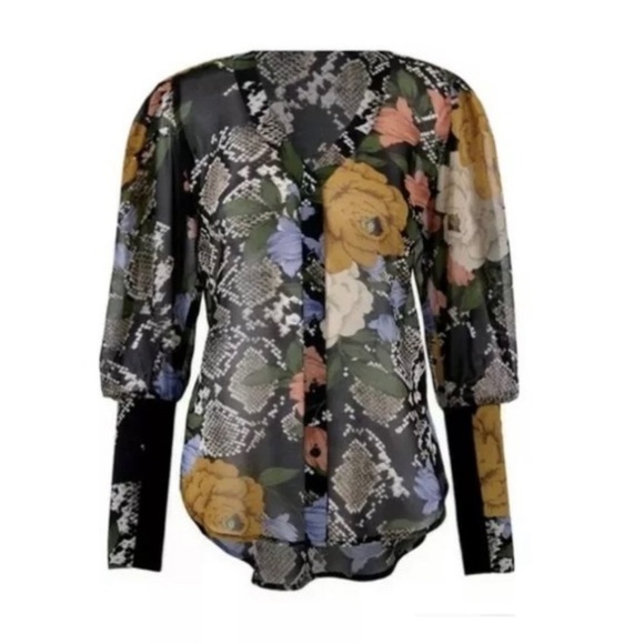 CAbi snake charmer floral see through blouse button down black blue v neck L - Picture 2 of 6